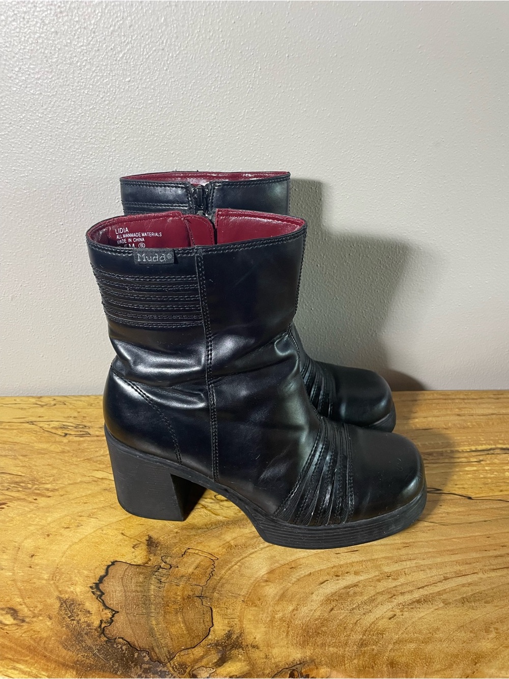 Mudd Black Leather Mid-Calf Block Heel Boots with Red Lining